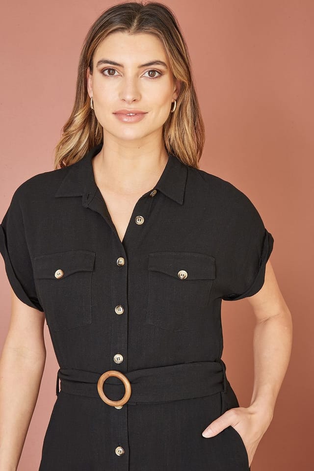 Yumi Yumi Women's Black Viscose Linen Look Midi Shirt Dress With Wooden Belt - 3
