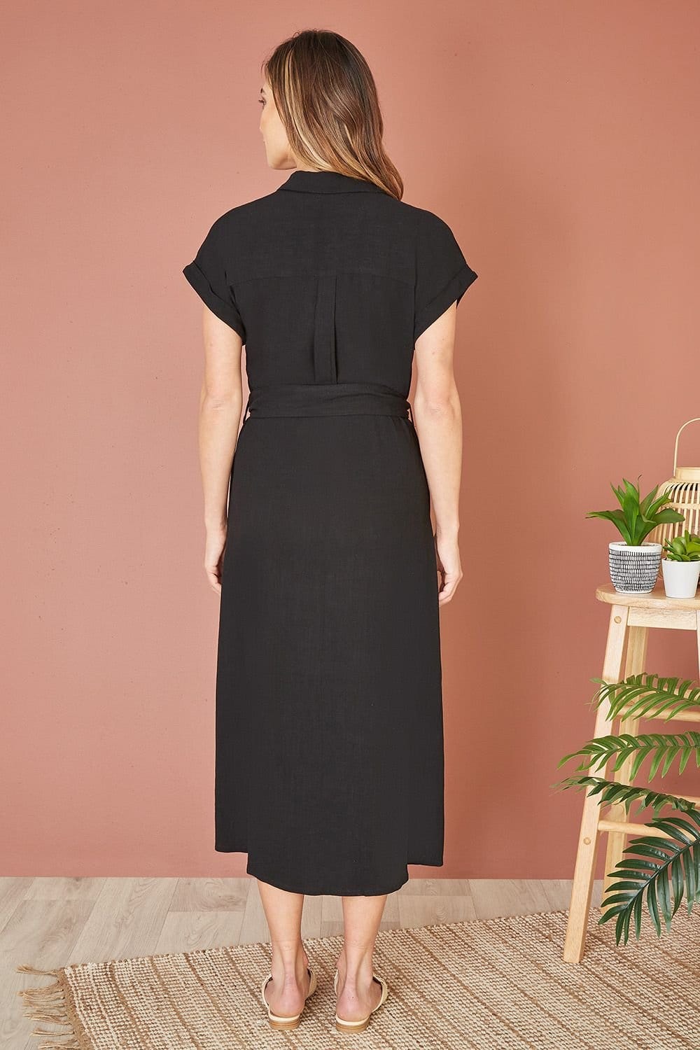 Yumi Yumi Women's Black Viscose Linen Look Midi Shirt Dress With Wooden Belt - 4