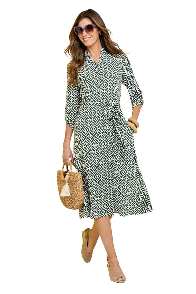 Amber Amber Women's Aztec Print Belted Jersey Shirt Dress in Khaki - 2