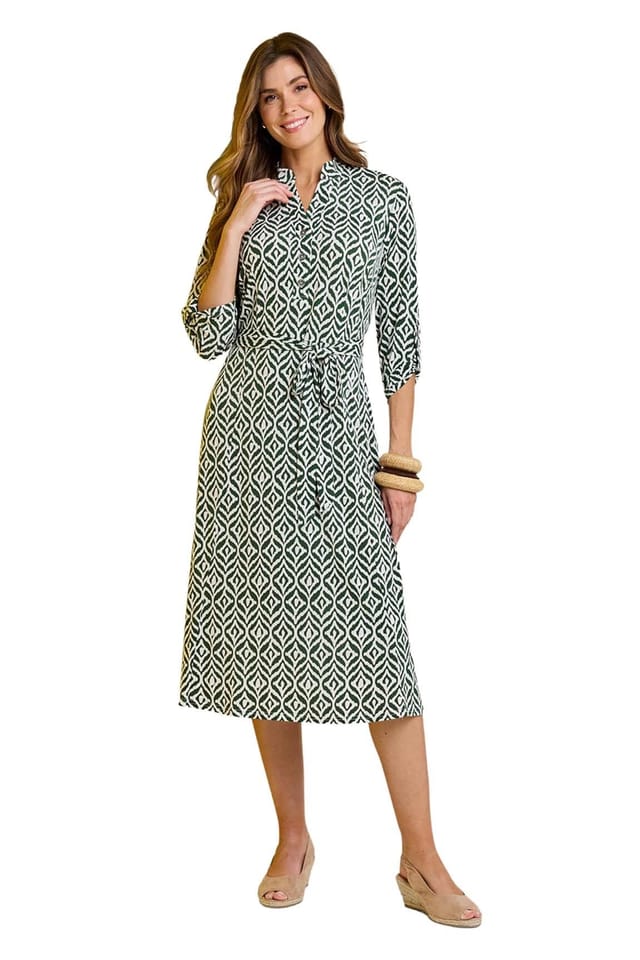 Amber Amber Women's Aztec Print Belted Jersey Shirt Dress in Khaki - 3