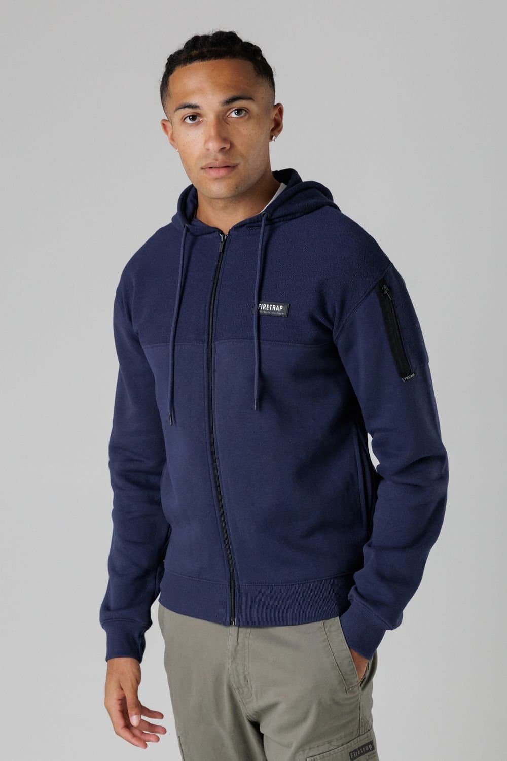 Firetrap Firetrap Men's Regular Fit Cotton Rich Zip Through Hoody with Sleeve Pocket in Dark Navy