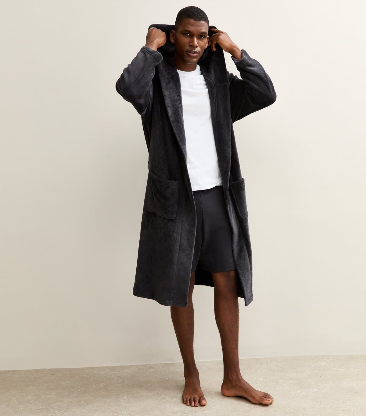 New Look Men's Dark Grey Relaxed Hooded Dressing Gown New Look