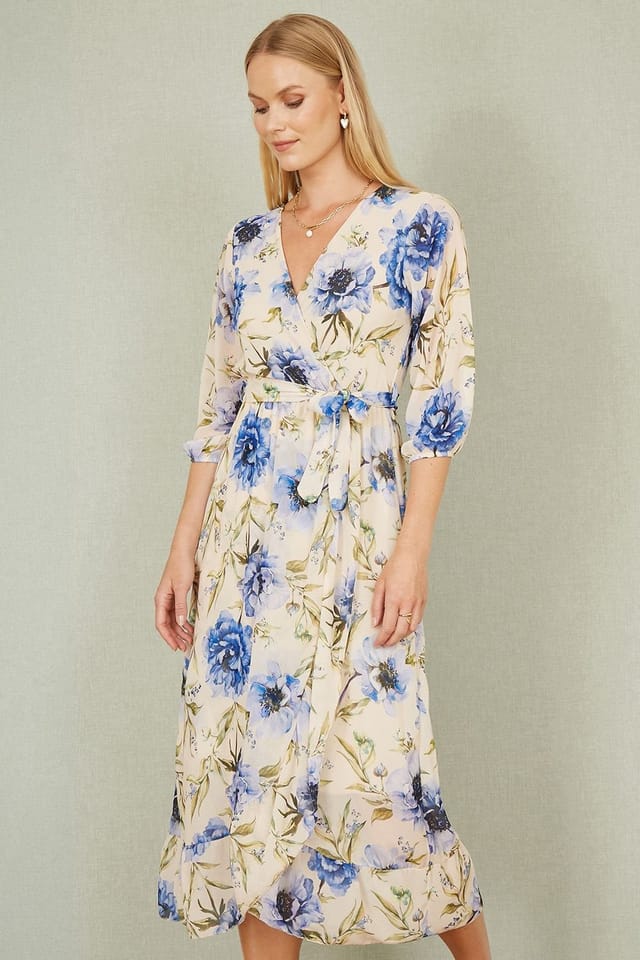 Yumi Yumi Women's Cream Vintage Floral Wrap Midi Dress With Frill - 2