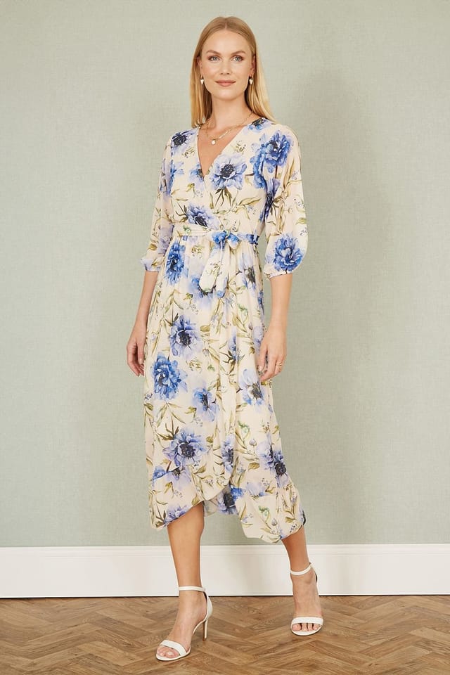 Yumi Yumi Women's Cream Vintage Floral Wrap Midi Dress With Frill - 3