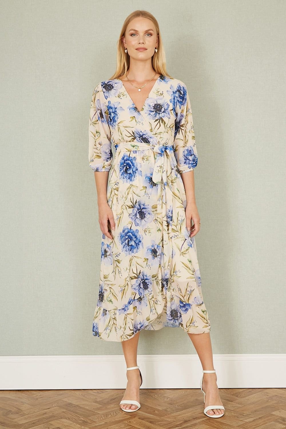 Yumi Yumi Women's Cream Vintage Floral Wrap Midi Dress With Frill - 4