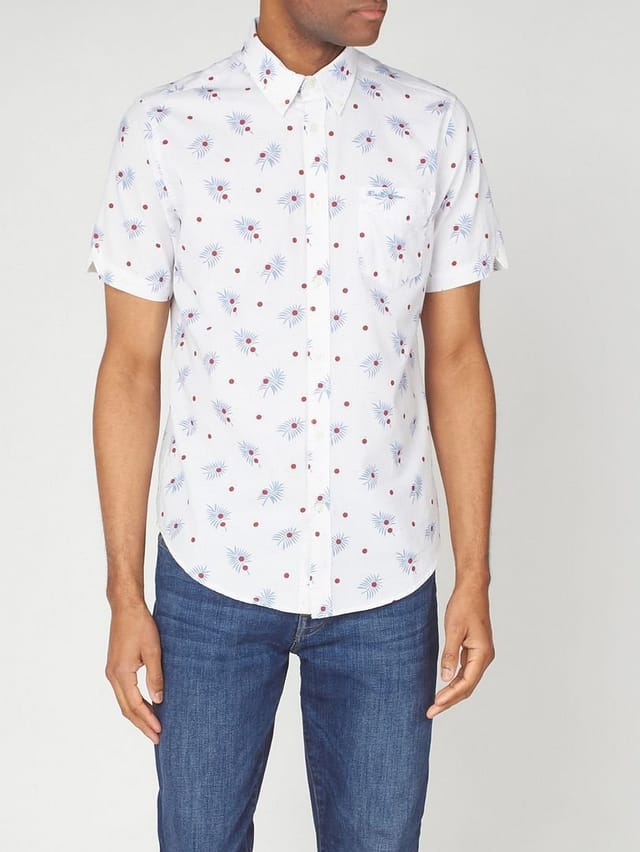 Ben Sherman Ben Sherman Men's Oxford Printed Top Short Sleeve White Cotton Shirt - 2