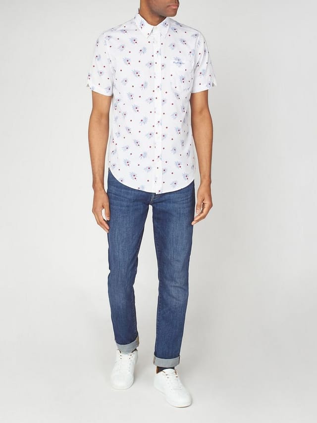 Ben Sherman Ben Sherman Men's Oxford Printed Top Short Sleeve White Cotton Shirt - 3