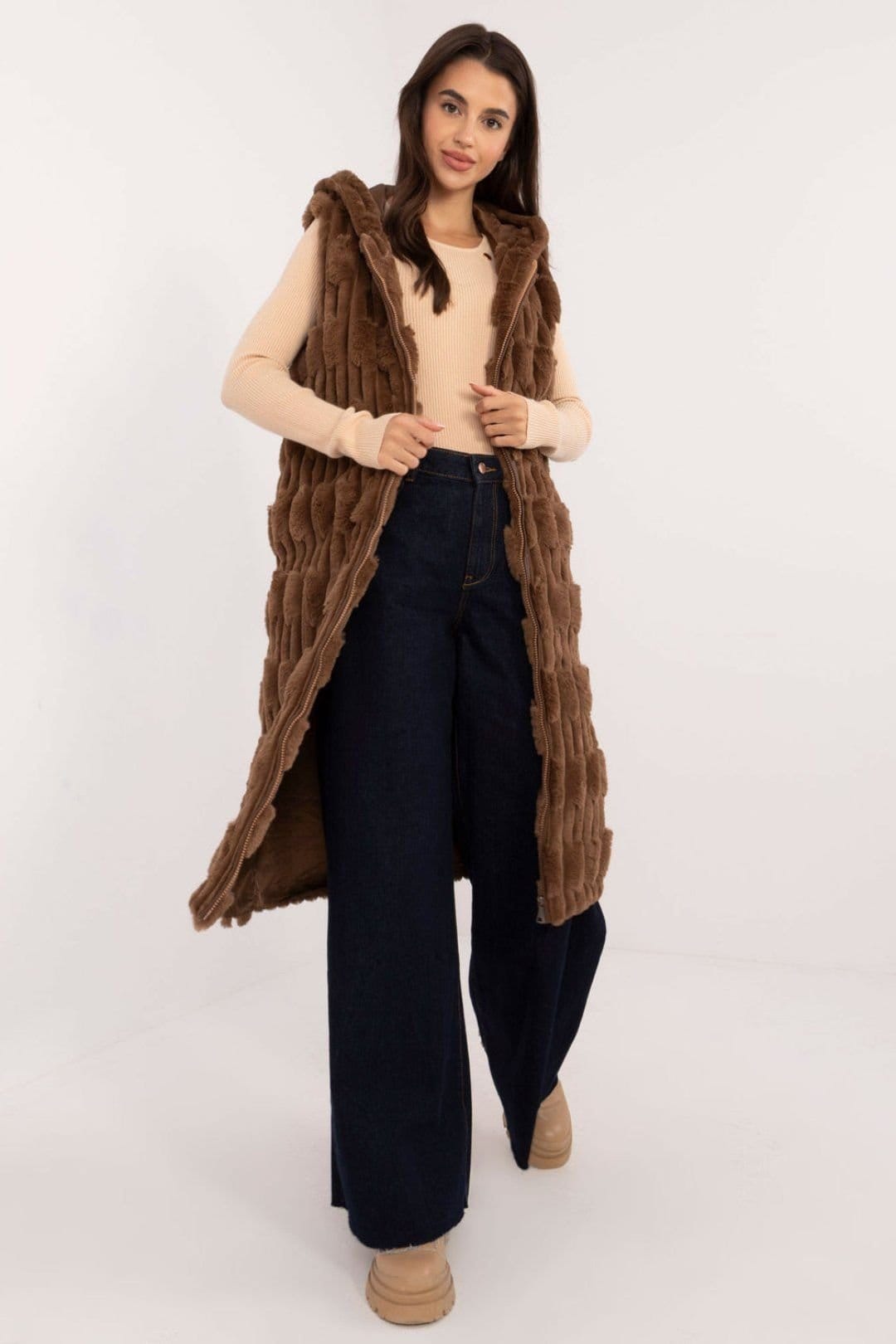 Love Lace Brown Faux Fur Hooded Vest for Women