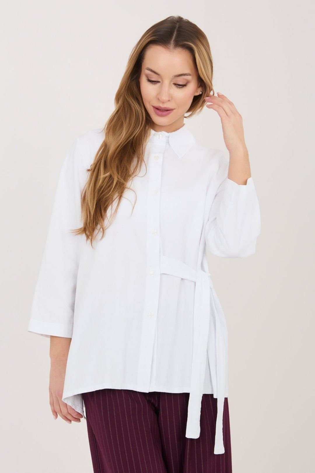 Love Lace Love Lace Women's Long Sleeve Tie Detail Cotton Blend Shirt in White
