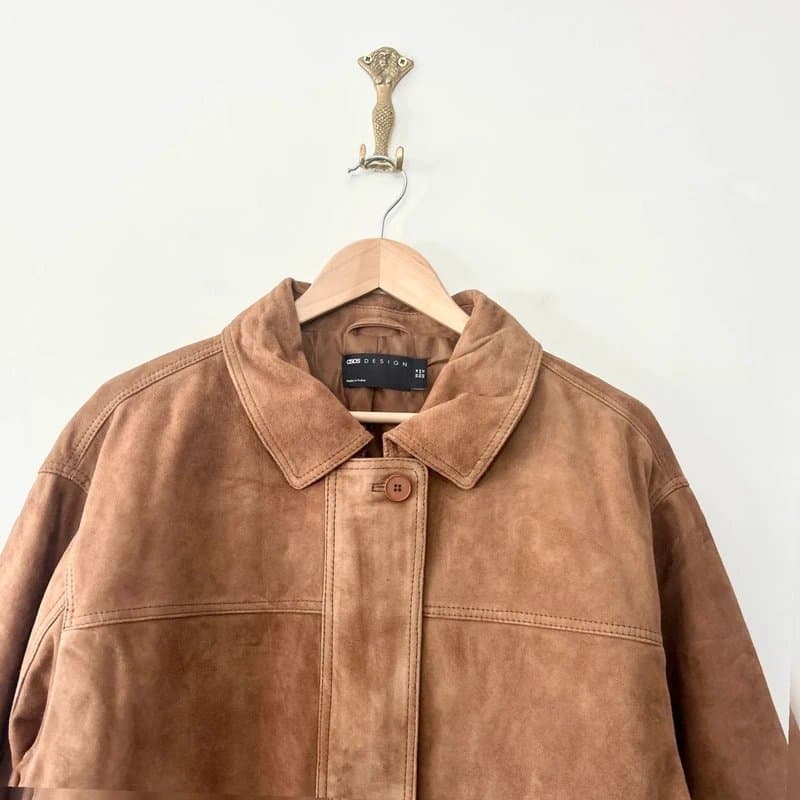 ASOS Design Asos Design Suede Leather Bomber Jacket Size 16 brown Pockets Minimal Capsule