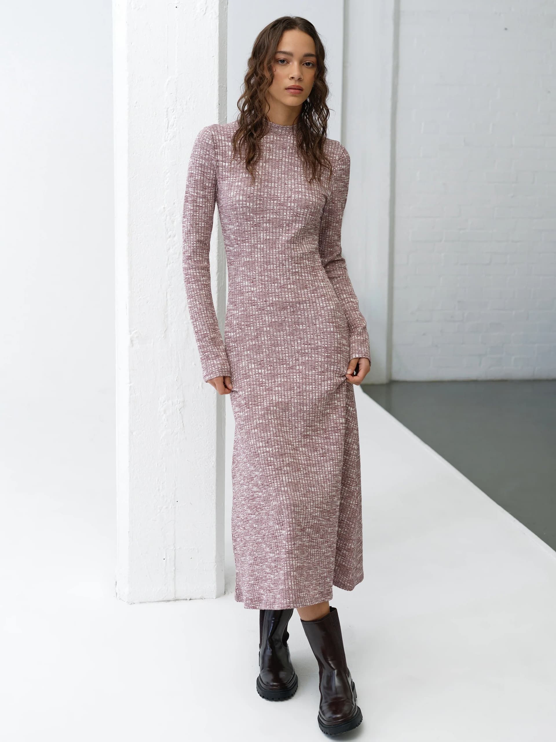 French Connection Deja Jersey Space Dye Ribbed Dress Berry Red/Porcelain Cream