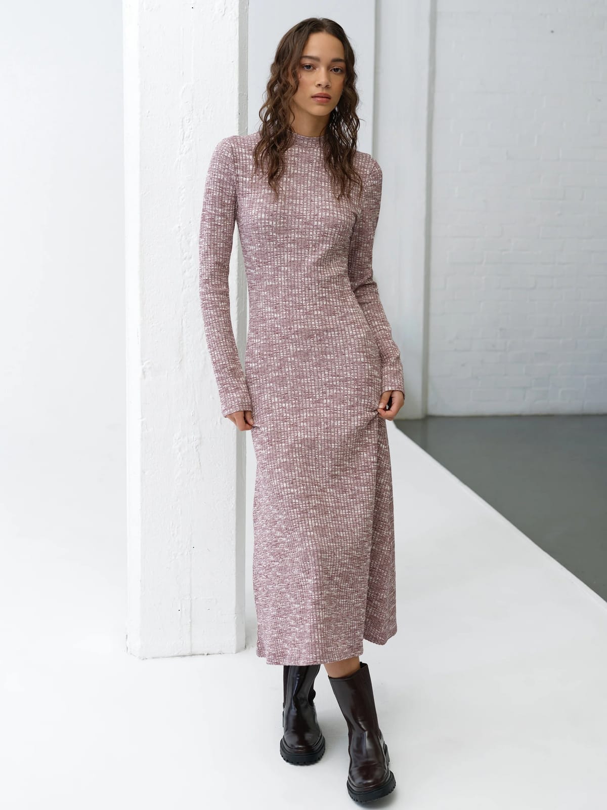 French Connection Deja Jersey Space Dye Ribbed Dress Berry Red/Porcelain Cream - 1