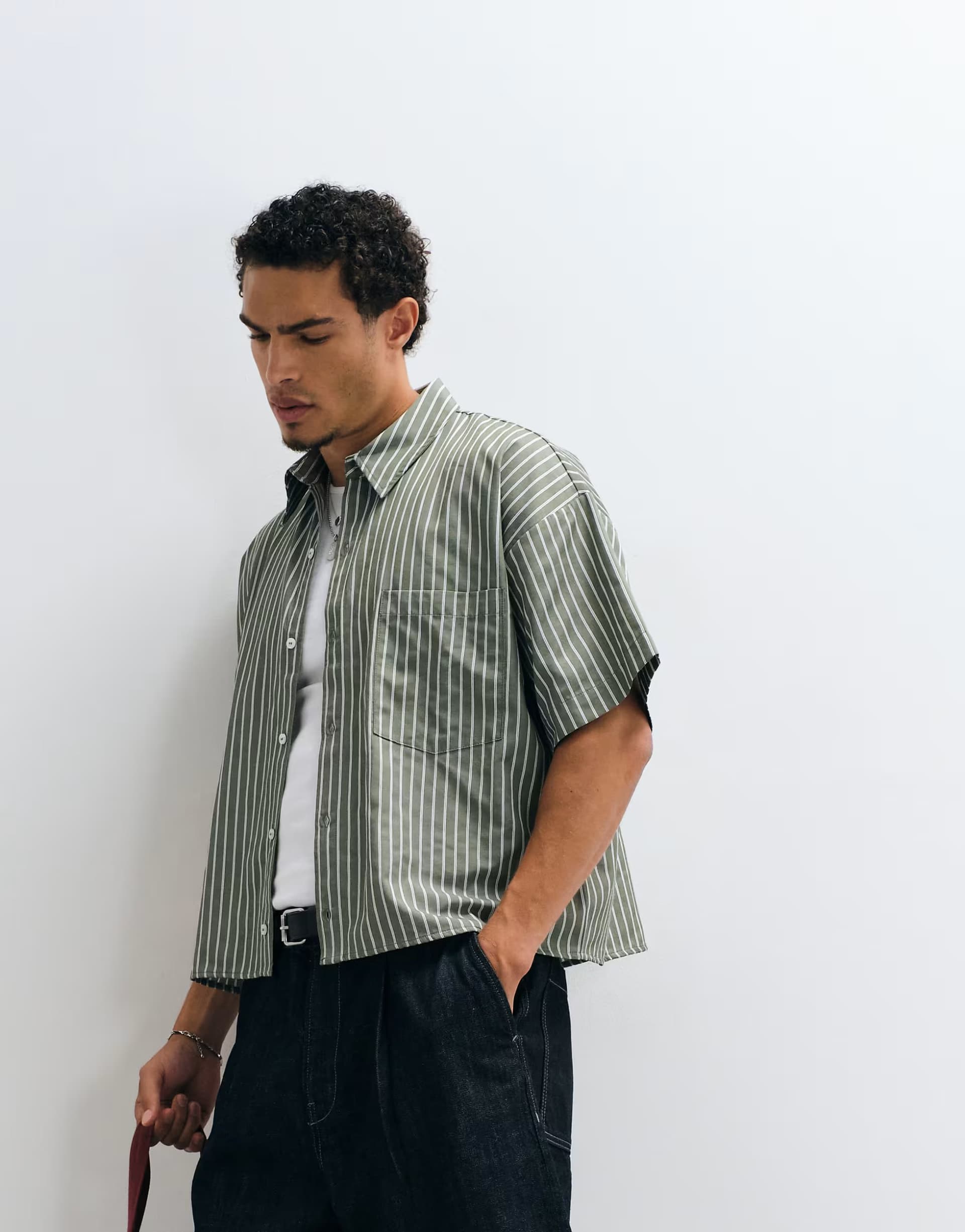 ASOS Reclaimed Vintage short sleeve boxy shirt in khaki stripe