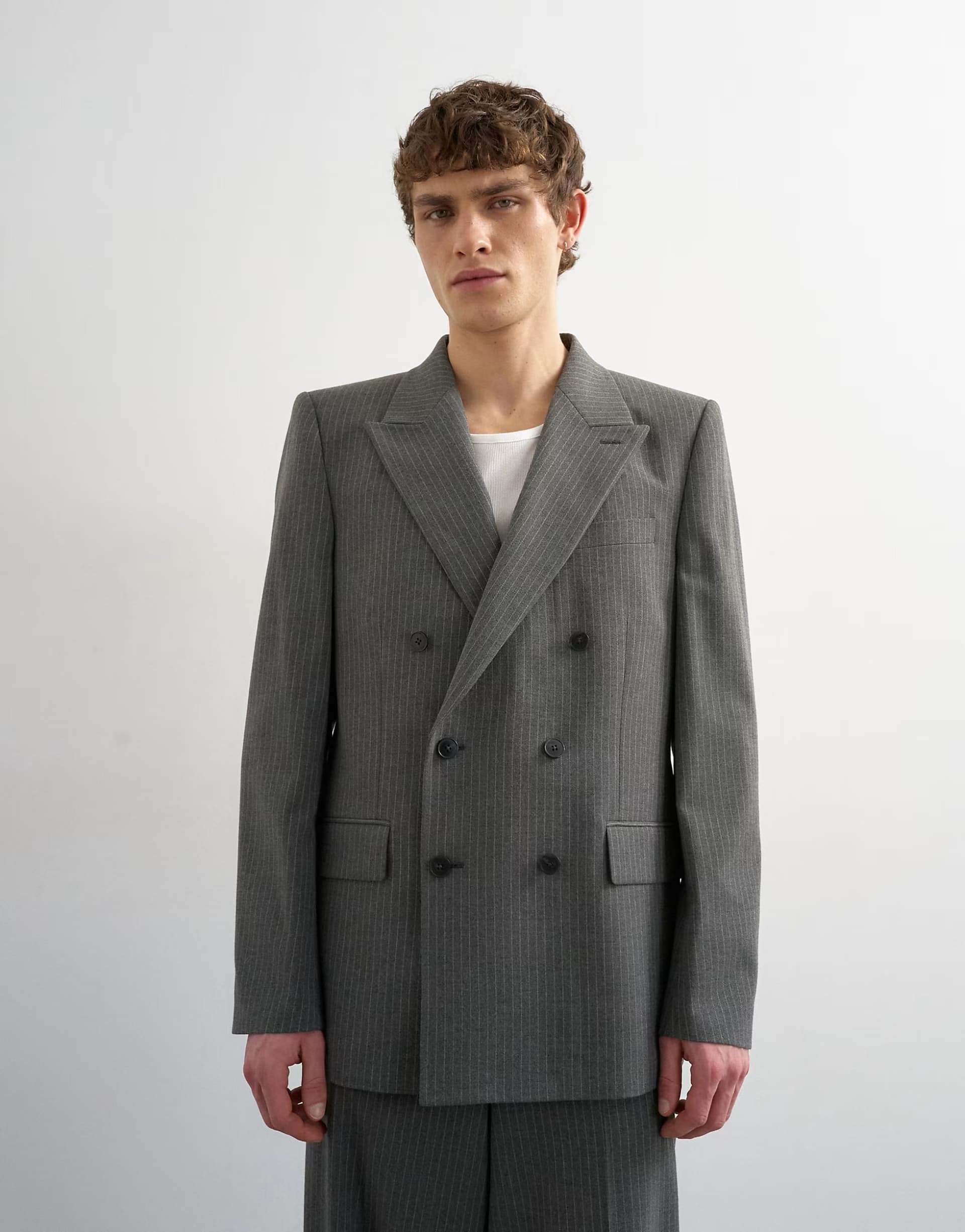 ASOS Topman relaxed pinstripe double breasted suit jacket in charcoal