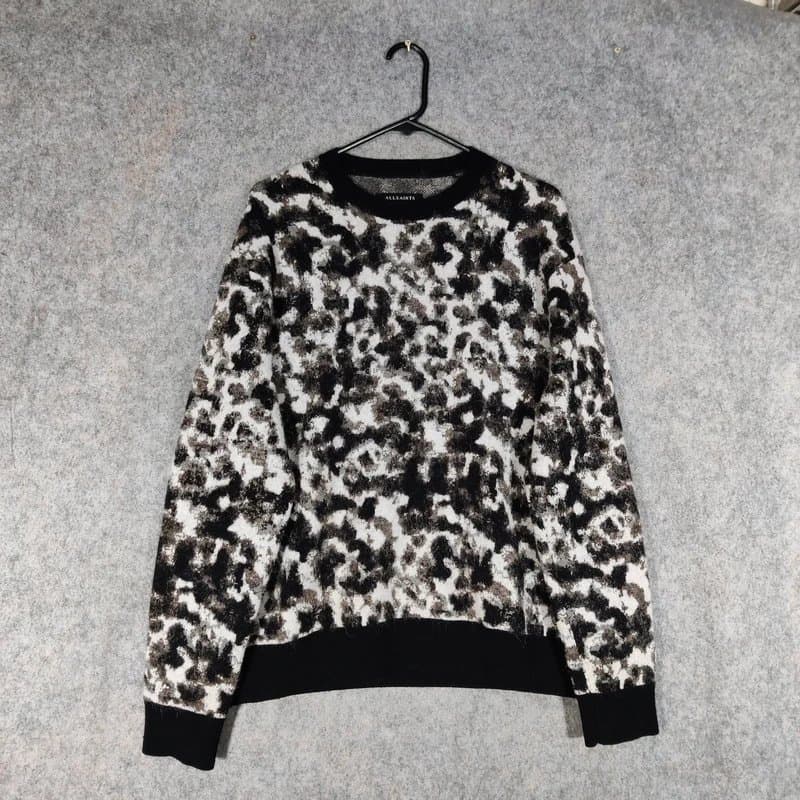 AllSaints AllSaints Jumper Mens Size Medium Black White Wool Alpaca Leopard Print Tortis