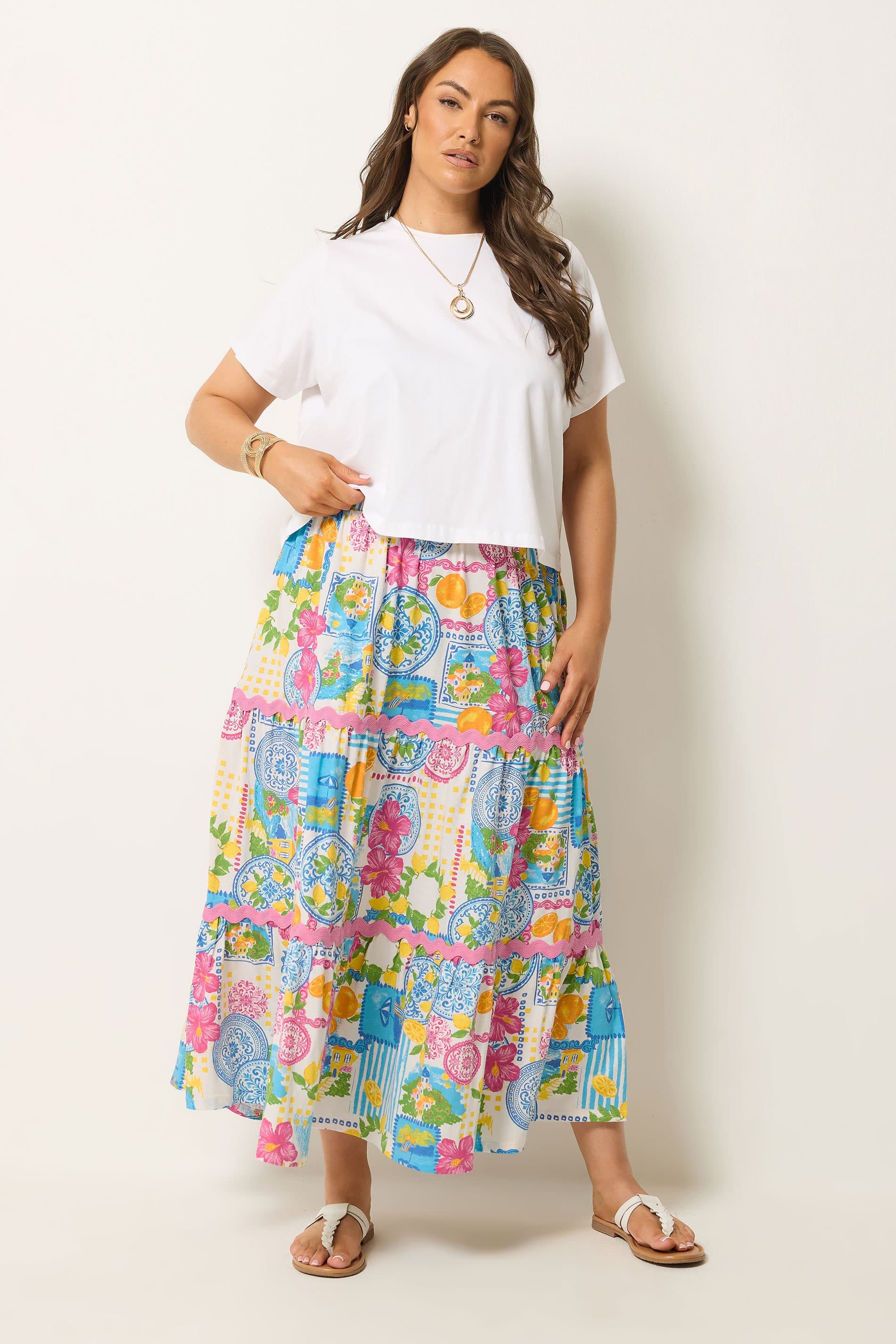 Yours Plus Size White Tile Print Tiered Maxi Skirt