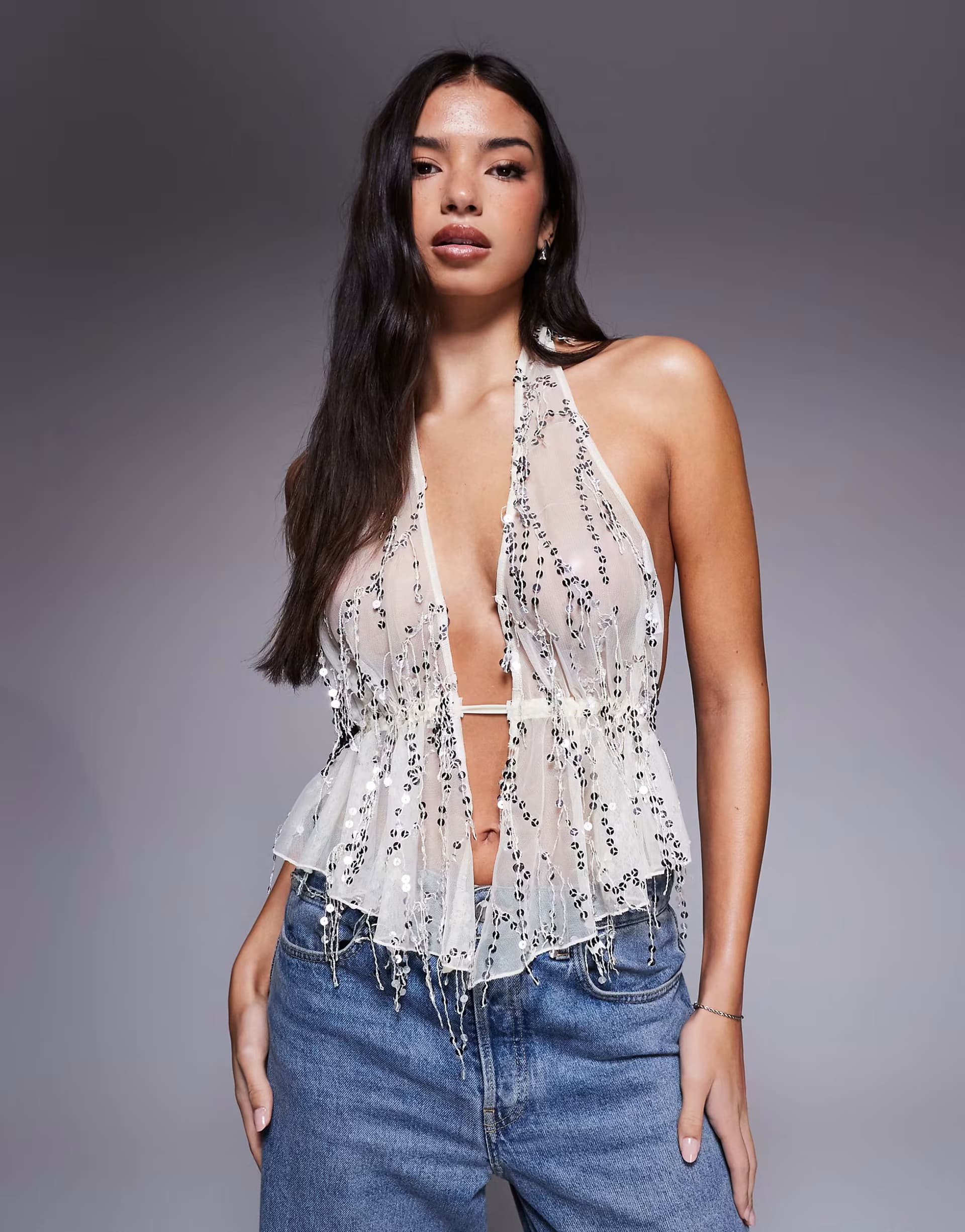 ASOS ASOS DESIGN scatter sequin mesh halter top in cream
