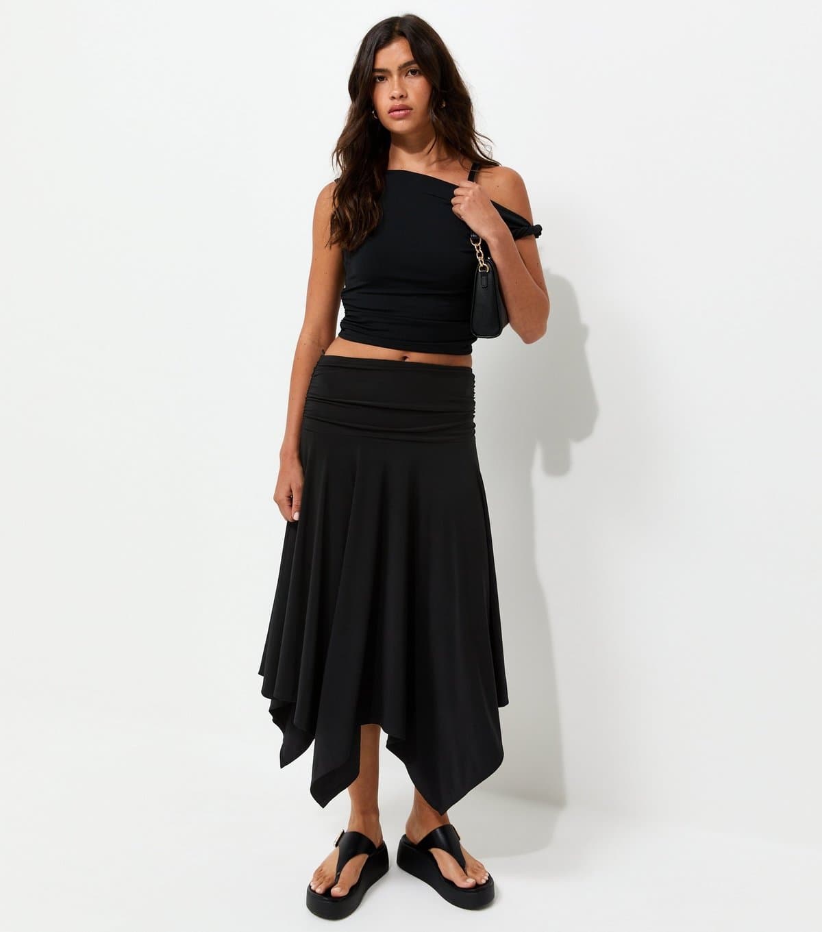 New Look Women's Black Folded Waistband Handkerchief Hem Skirt New Look
