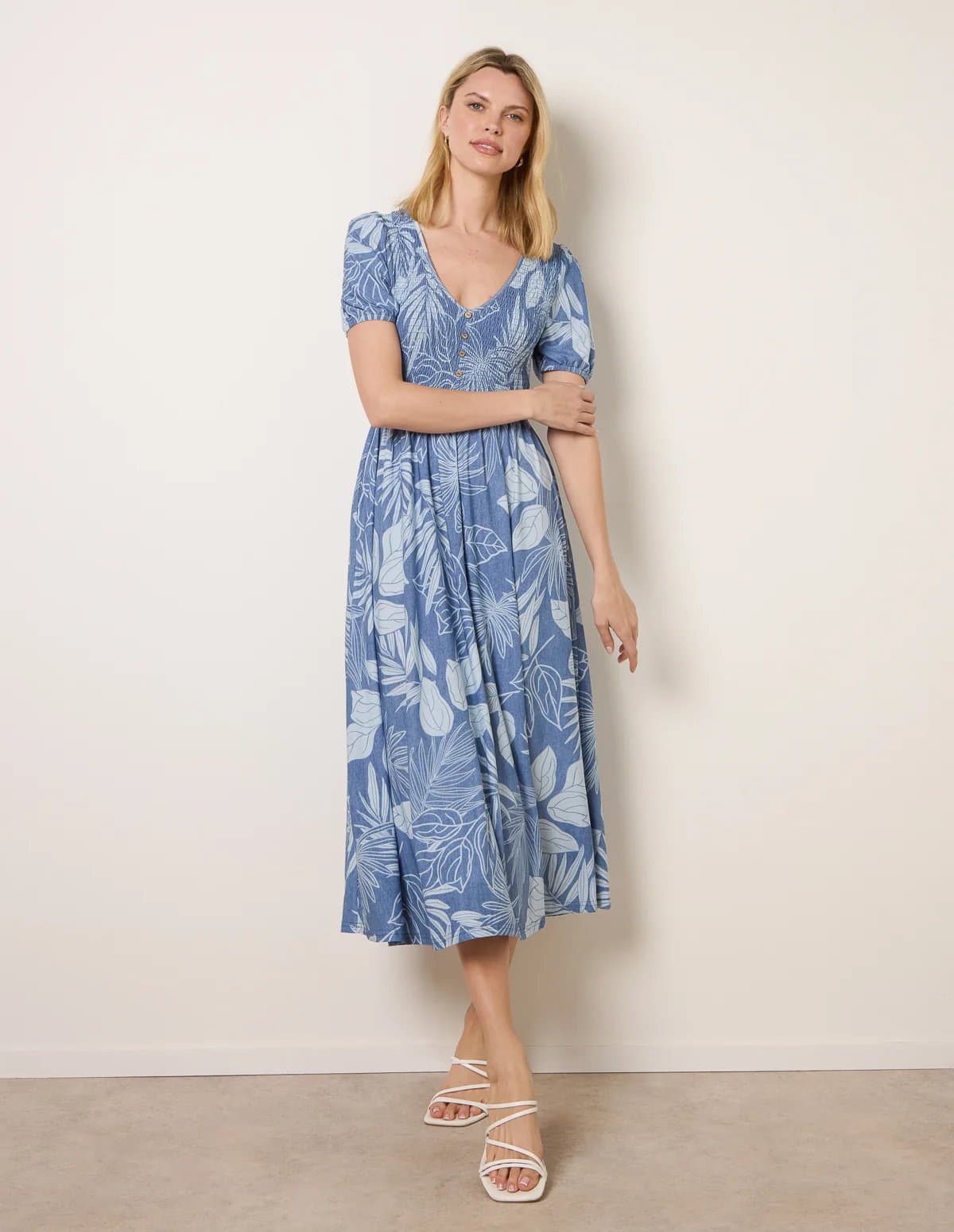 Blue Vanilla Shirred Button V Neck Midi Dress