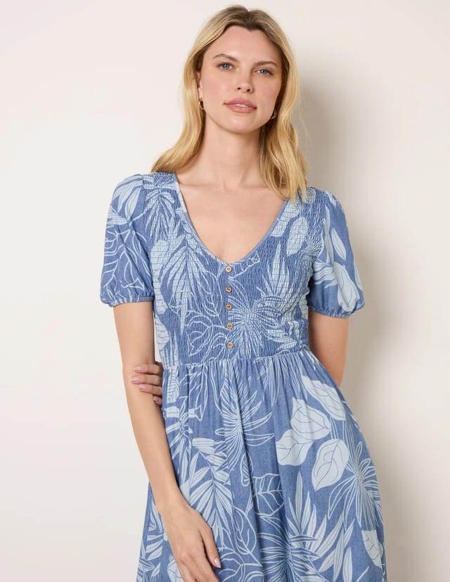 Blue Vanilla Shirred Button V Neck Midi Dress - 2