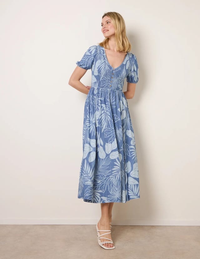 Blue Vanilla Shirred Button V Neck Midi Dress - 3