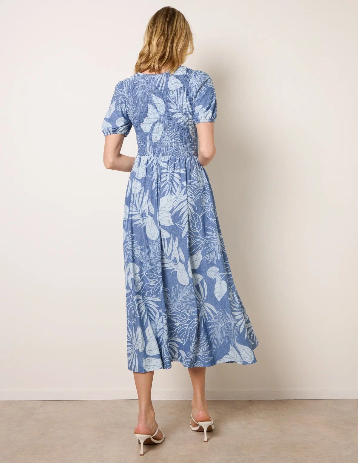 Blue Vanilla Shirred Button V Neck Midi Dress - 4