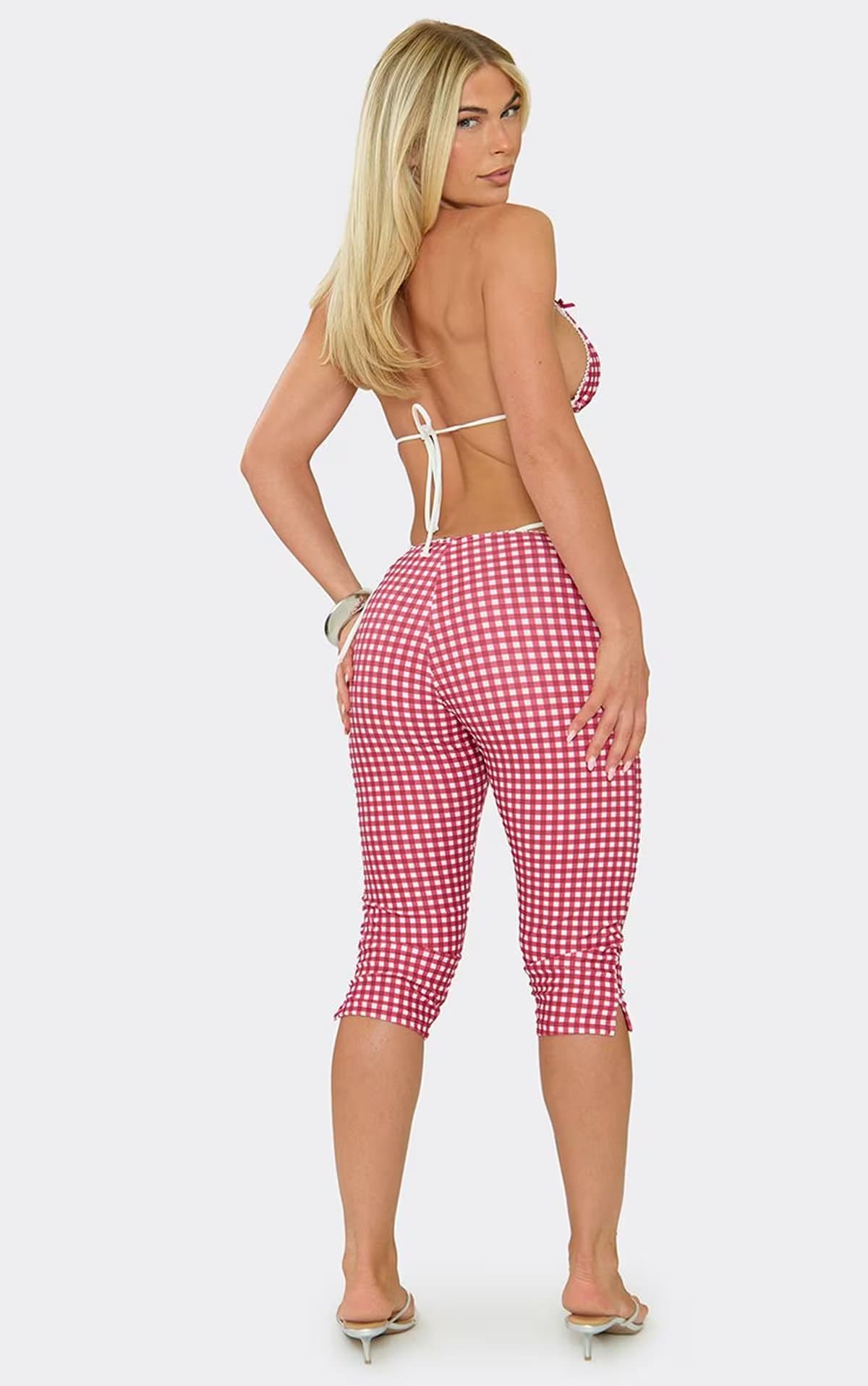 EGO Mid Rise Bow Detail Capri Leggings In Red Gingham, Women's Size UK 6