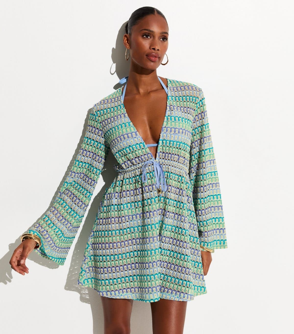 New Look Women's Blue Crochet Flared Sleeve Kaftan Beach Dress New Look