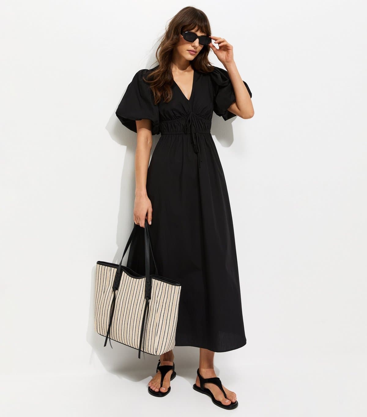 New Look Women's Tall Black Cotton Puff Sleeve Midi Dress New Look