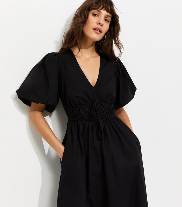 New Look Women's Tall Black Cotton Puff Sleeve Midi Dress New Look - 2