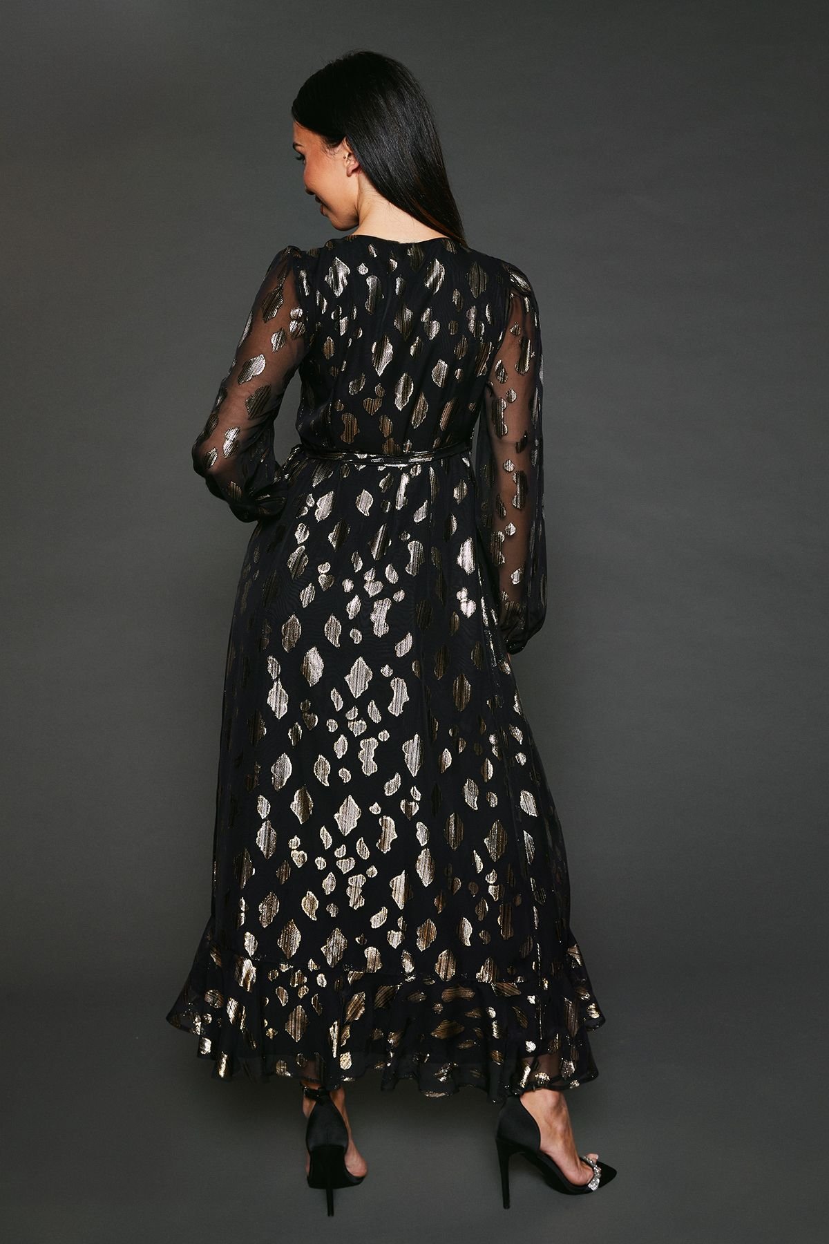 Dorothy Perkins Dorothy Perkins Women's Jacquard Ruffle Wrap Long Sleeve Midi Dress in Black - 3