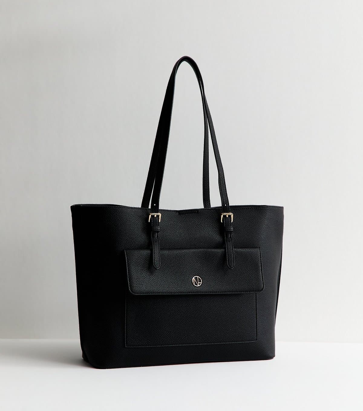 New Look Black Textured Faux Leather Front Pocket Tote Bag New Look