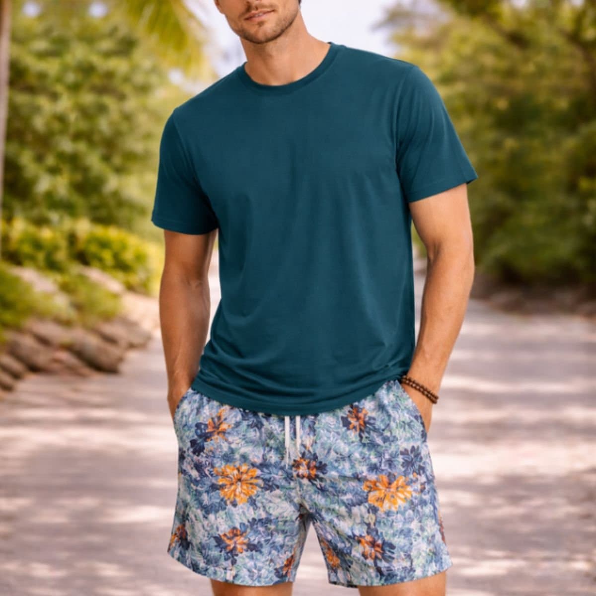 Panos Emporio Panos Emporio Men's Cotton crew neck T-Shirt with short sheeves in green lagoon in Teal