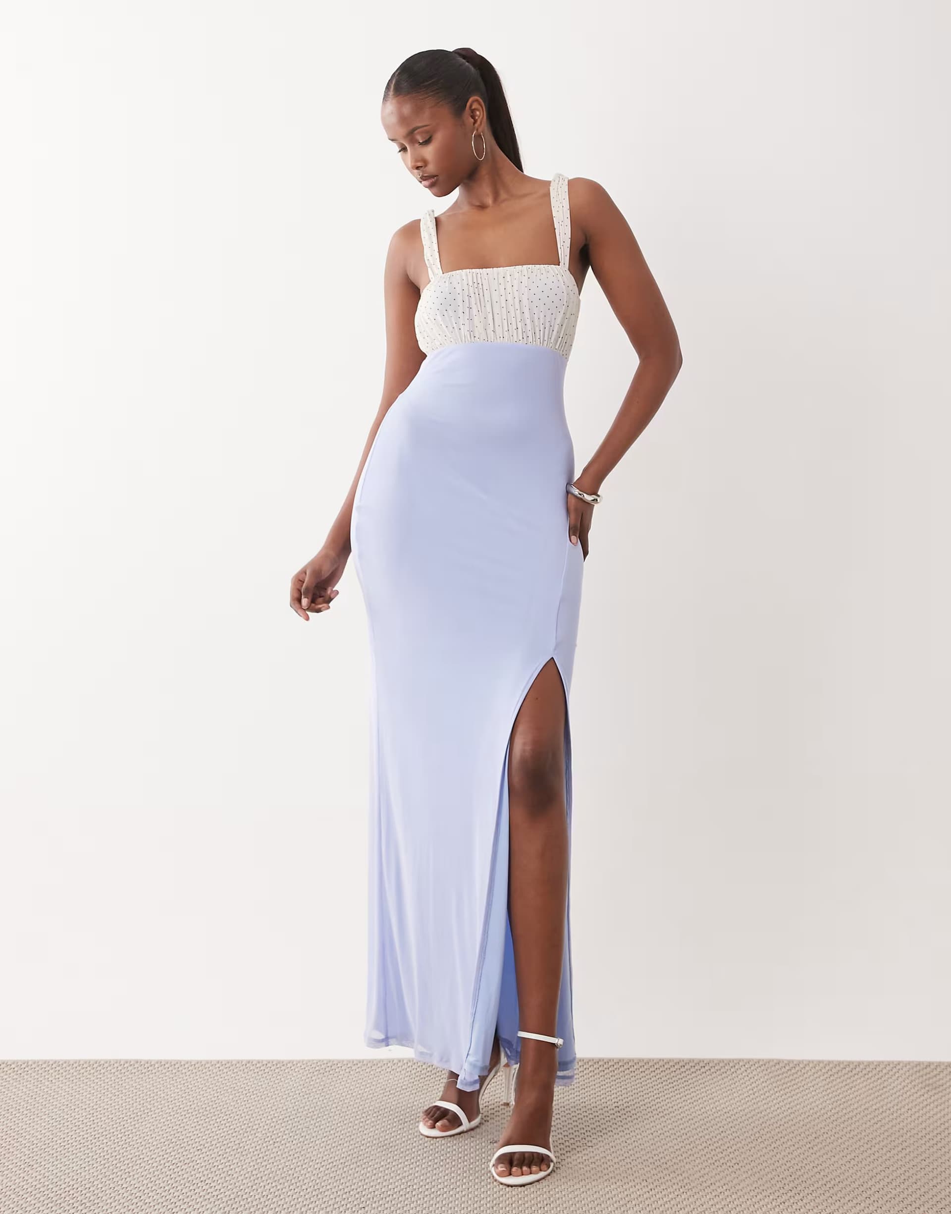 ASOS ASOS DESIGN mesh spot micro ruched bust maxi with thigh high split in pale blue