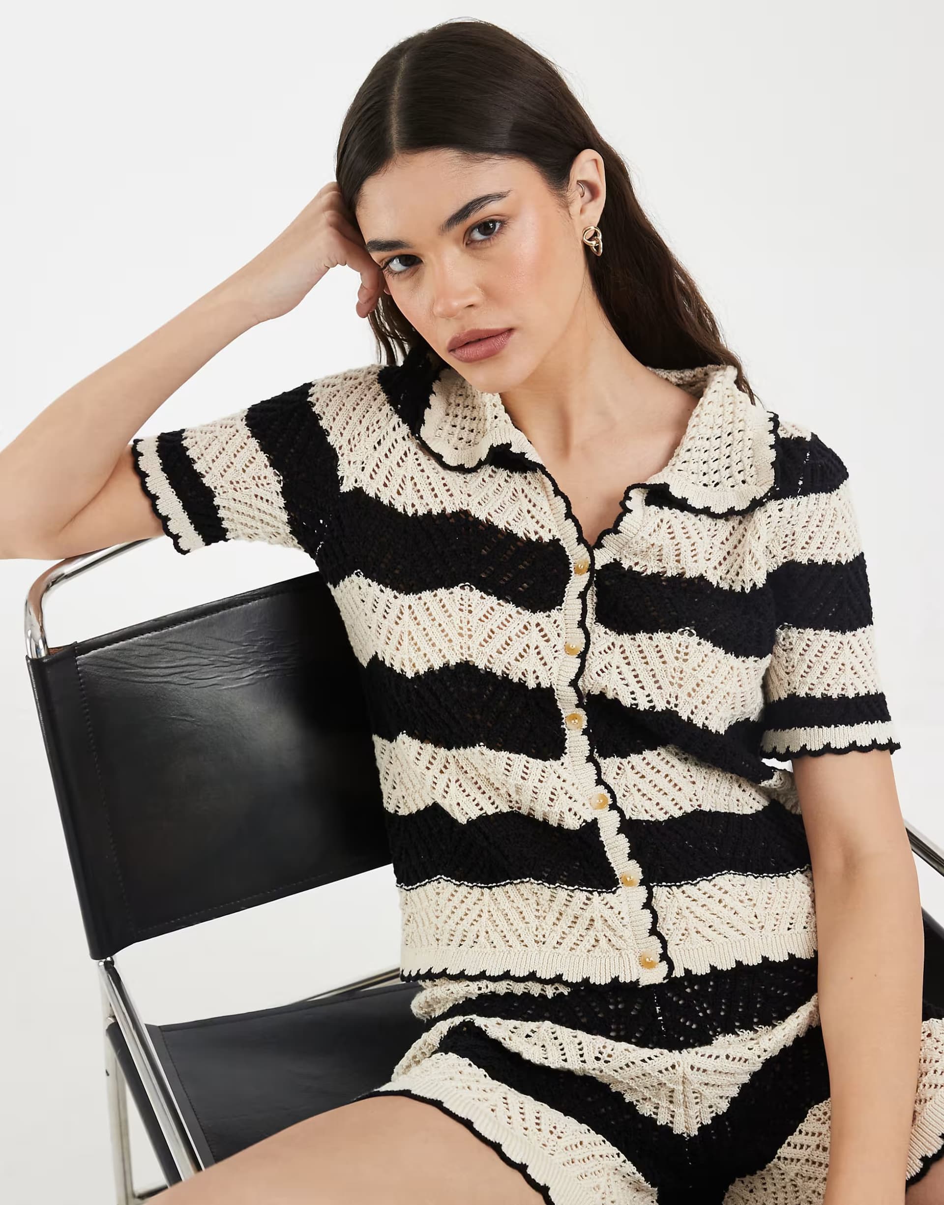ASOS Vero Moda crochet knit button front polo top co-ord in black and cream stripe