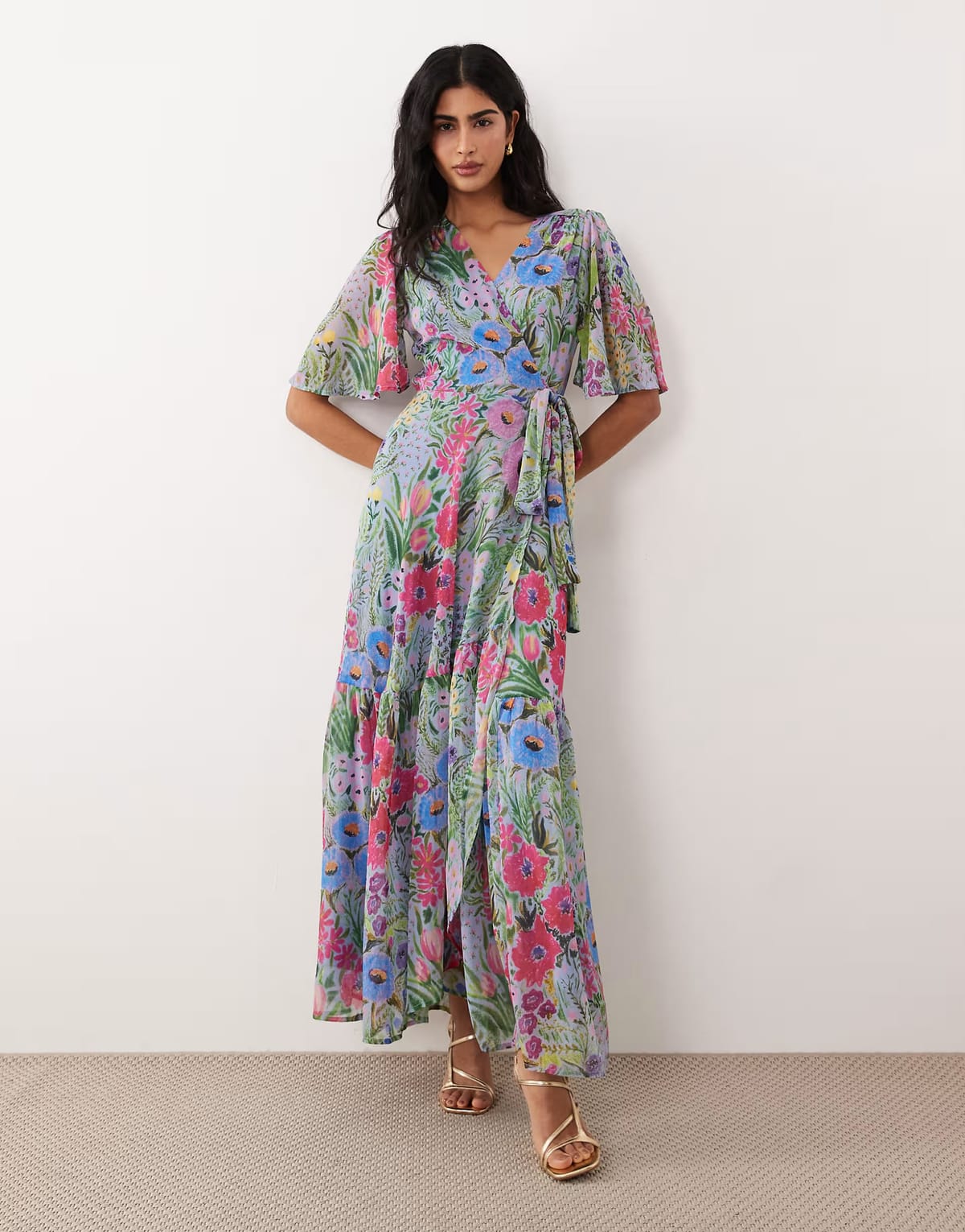 ASOS Hope & Ivy flutter sleeve wrap skirt tie waist maxi dress in lilac floral print - 1