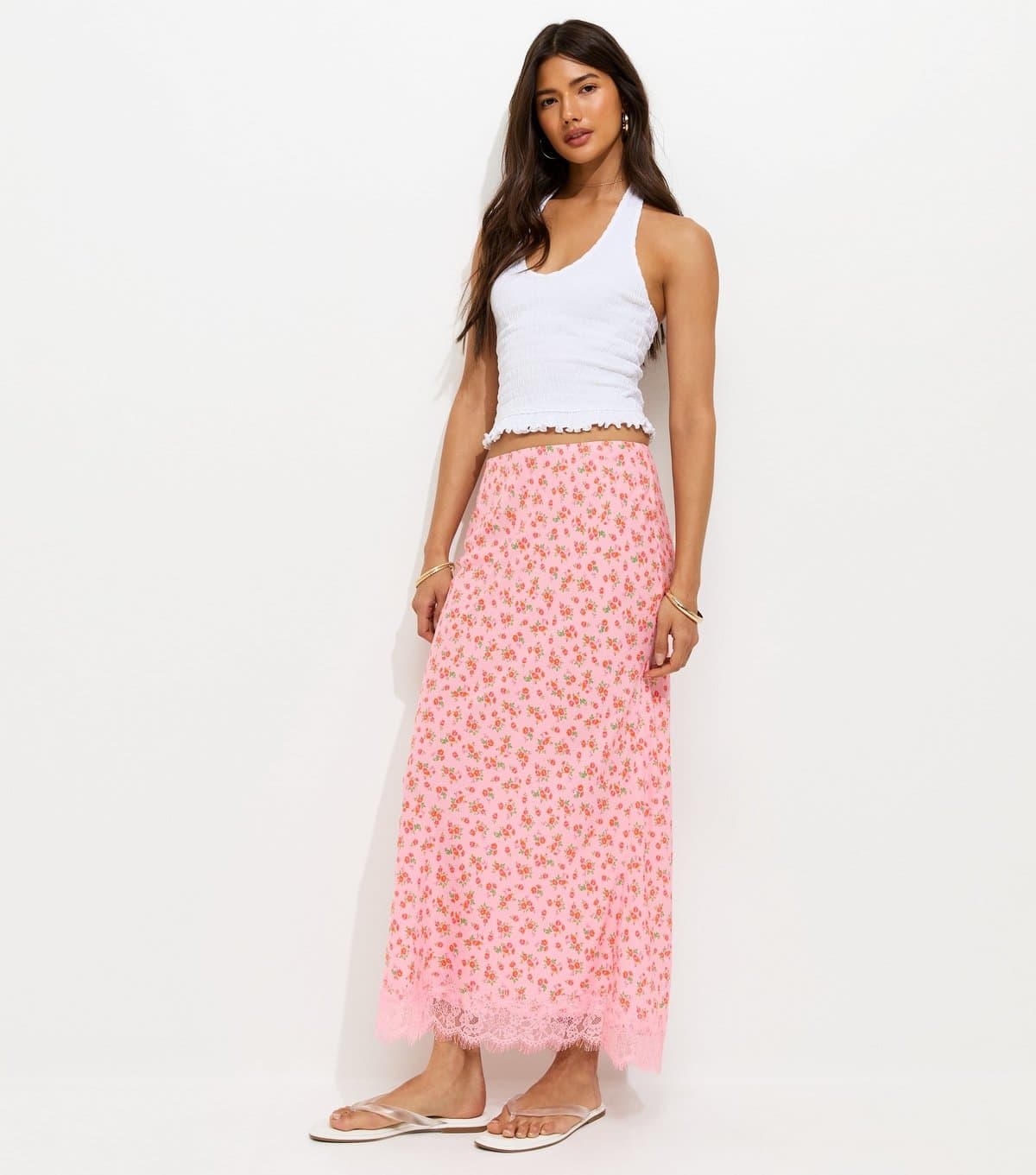 New Look Women's Pink Floral Print Lace Hem Maxi Skirt New Look