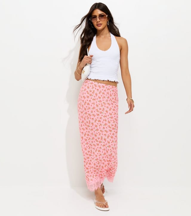 New Look Women's Pink Floral Print Lace Hem Maxi Skirt New Look - 3