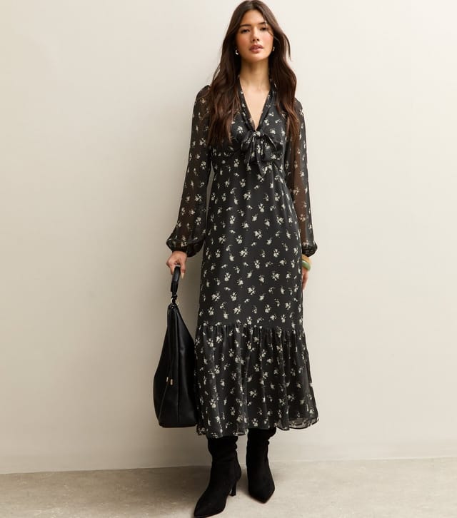 New Look Women's Black Ditsy Floral Bow Chiffon Midi Dress New Look - 2