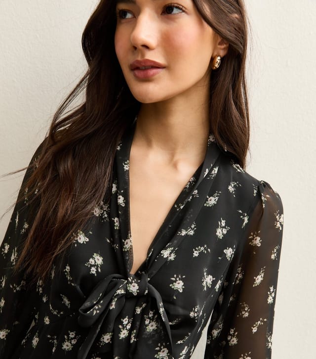New Look Women's Black Ditsy Floral Bow Chiffon Midi Dress New Look - 3