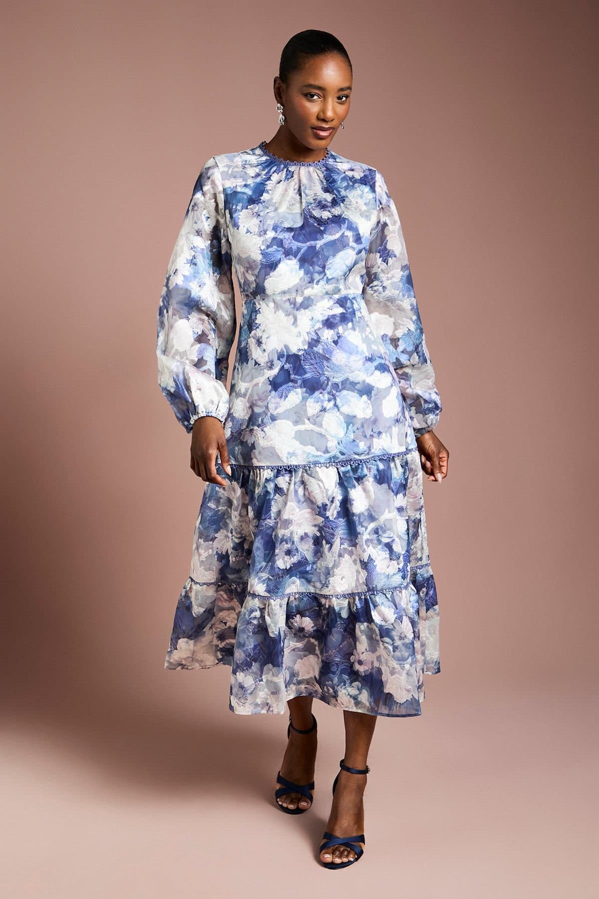 Coast Coast Women's Printed Satin Jacquard Volume Dress in Navy