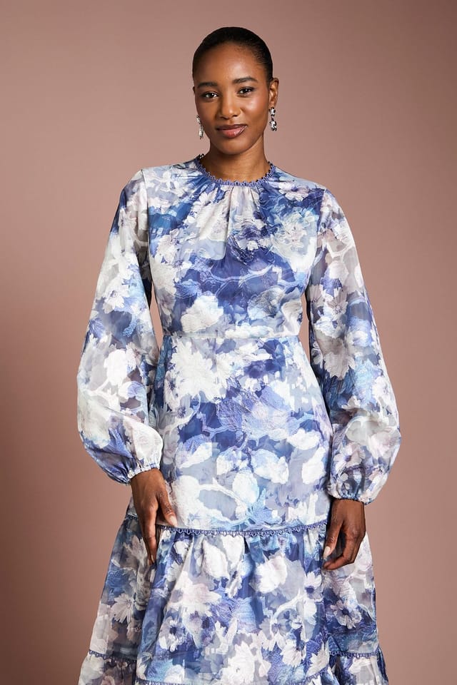 Coast Coast Women's Printed Satin Jacquard Volume Dress in Navy - 2