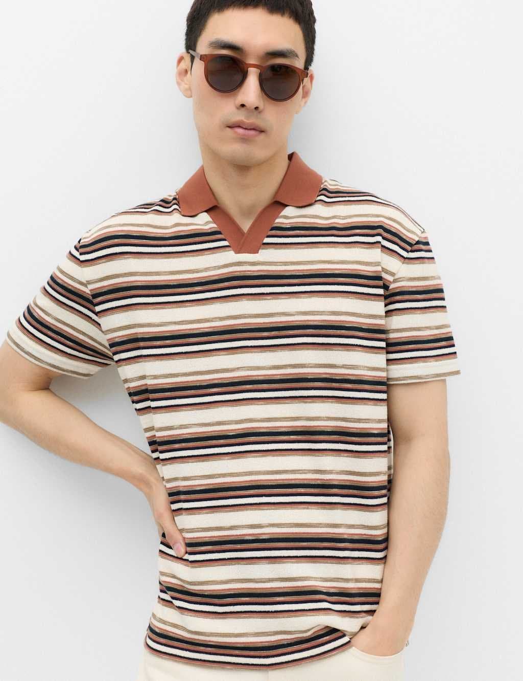 Marks & Spencer M&S Cotton Blend Crepe Notch Neck Polo Shirt Rust Mix