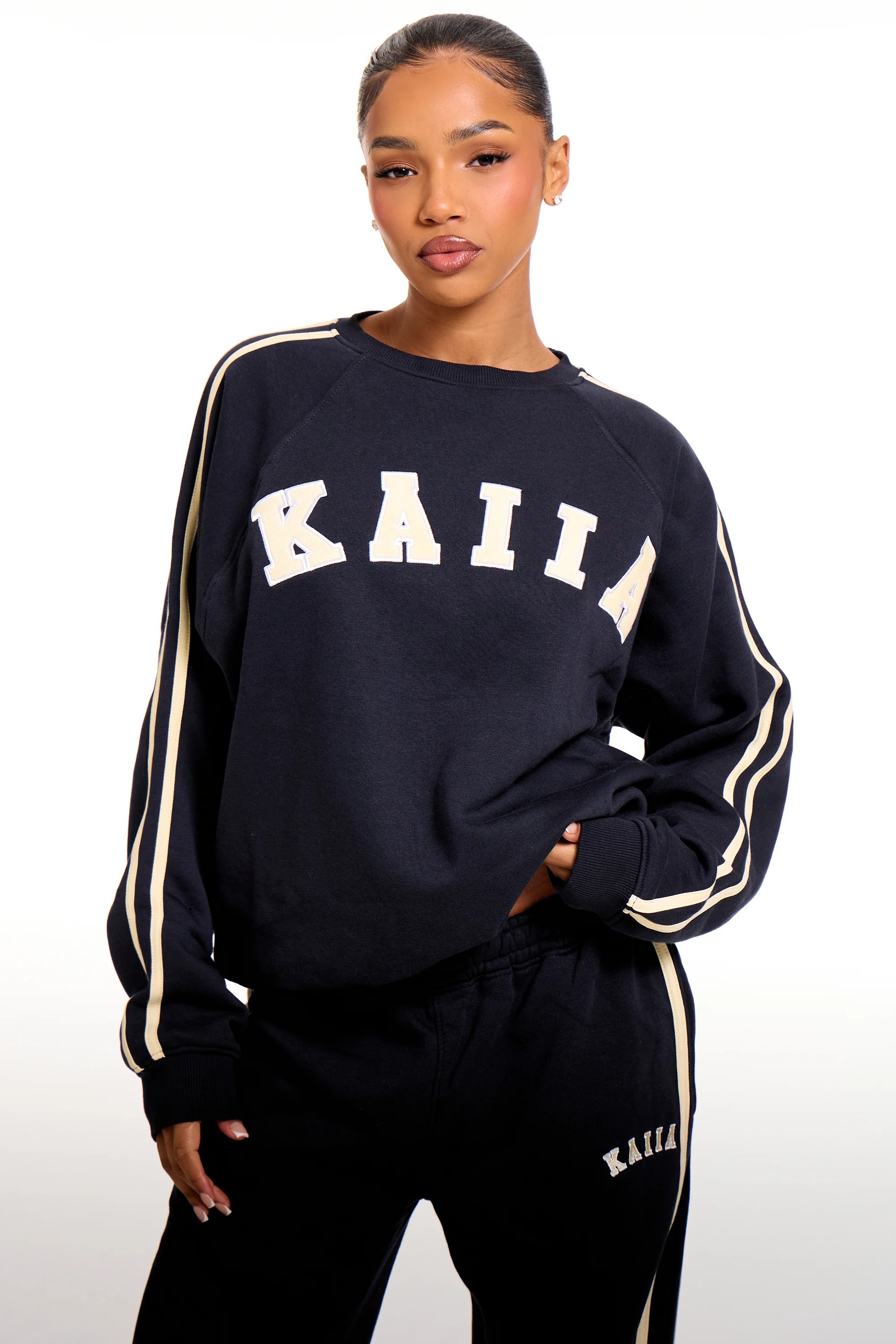 Kaiia Kaiia Slogan Sport Side Stripe Oversized Sweatshirt Ink Blue & Soft Yellow - 1