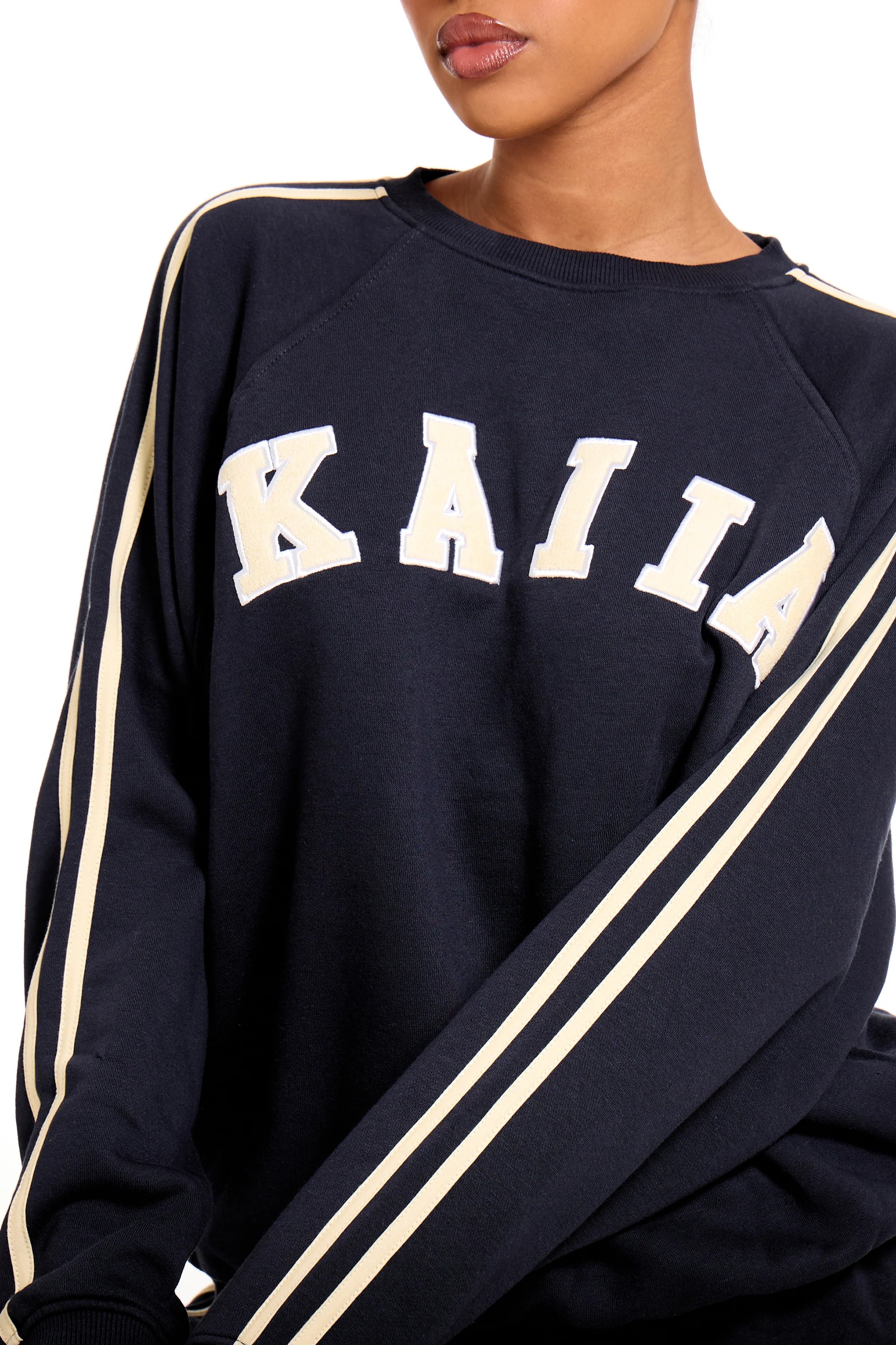 Kaiia Kaiia Slogan Sport Side Stripe Oversized Sweatshirt Ink Blue & Soft Yellow - 2