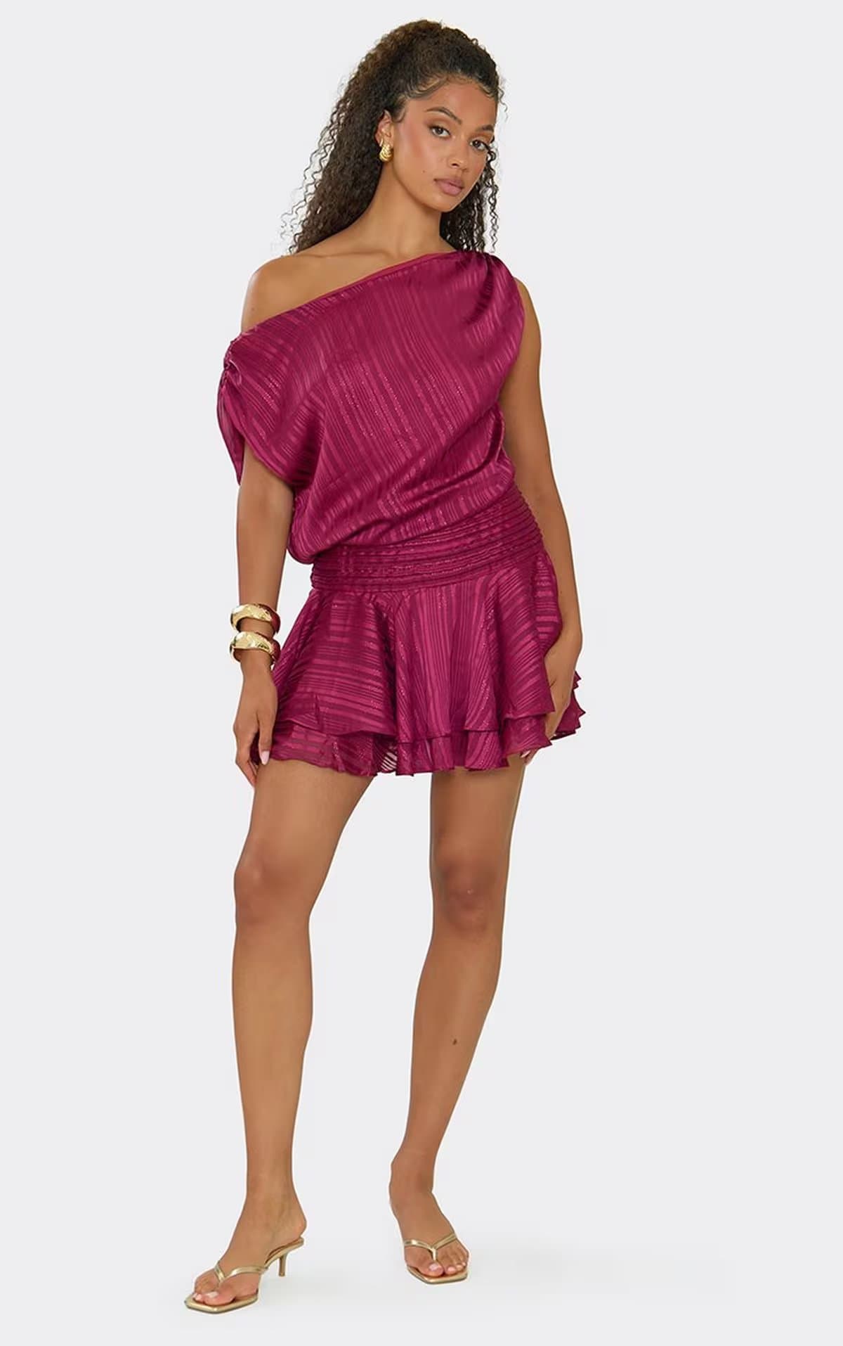 EGO One Shoulder Blouson Tiered Hem Mini Dress In Burgundy, Women's Size UK 6