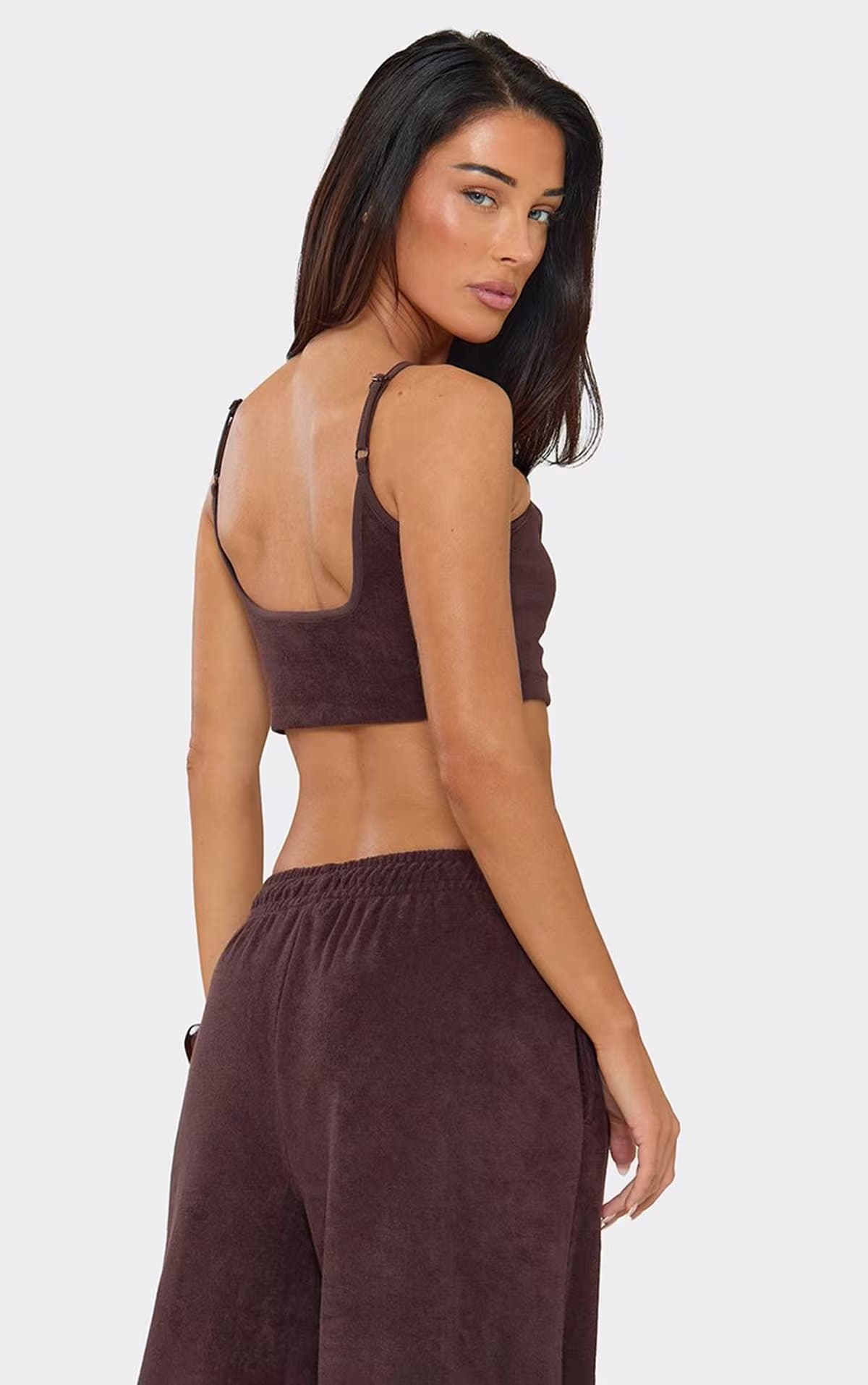 EGO Scoop Neck Cropped Cami Top In Chocolate Brown Towelling, Women's Size UK 6