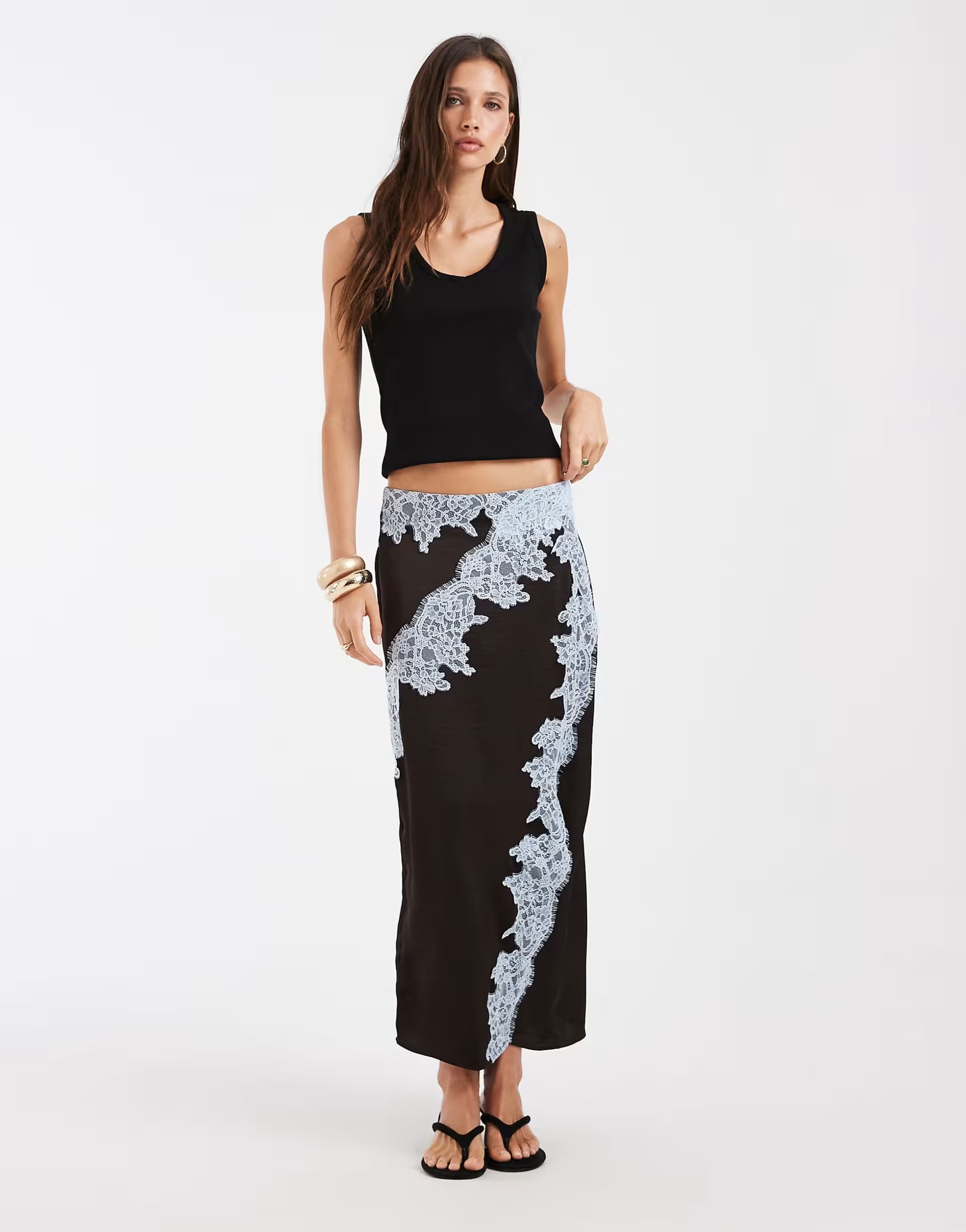 ASOS Vero Moda high waist satin midi skirt with lace detail in chocolate brown