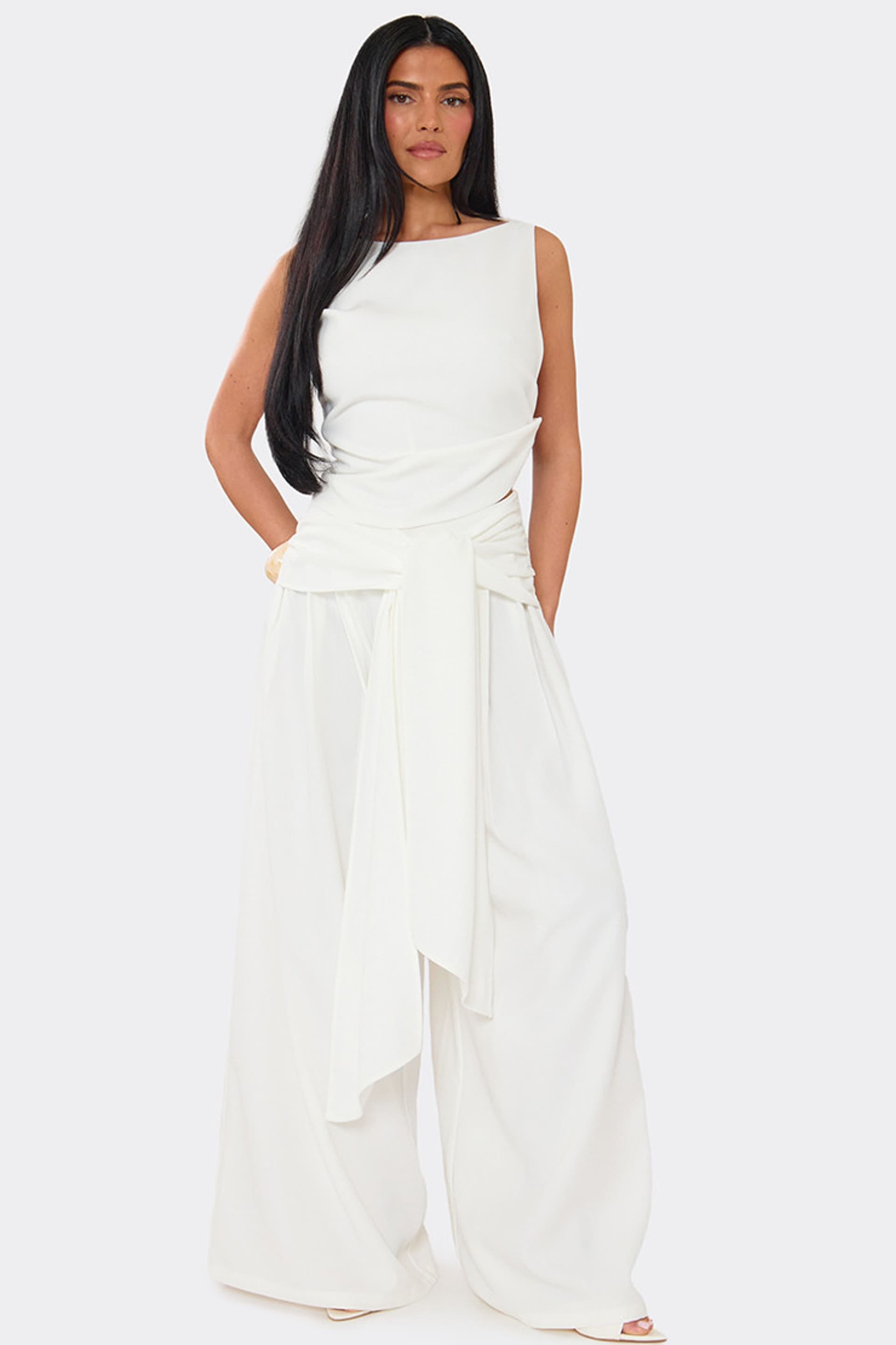 EGO EGO Women's Wide Leg Tie Woven Tie Waist Trousers in White