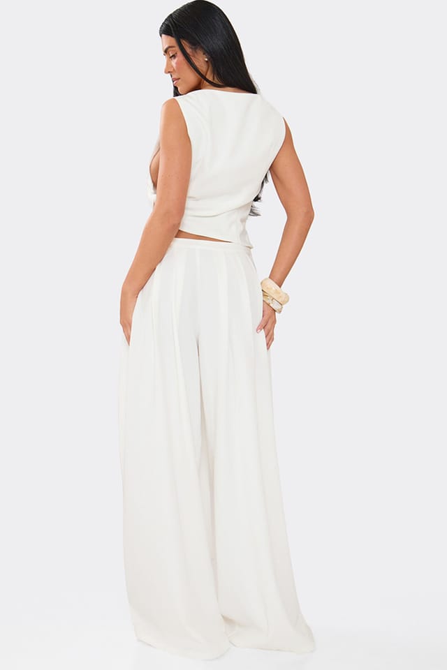 EGO EGO Women's Wide Leg Tie Woven Tie Waist Trousers in White - 2
